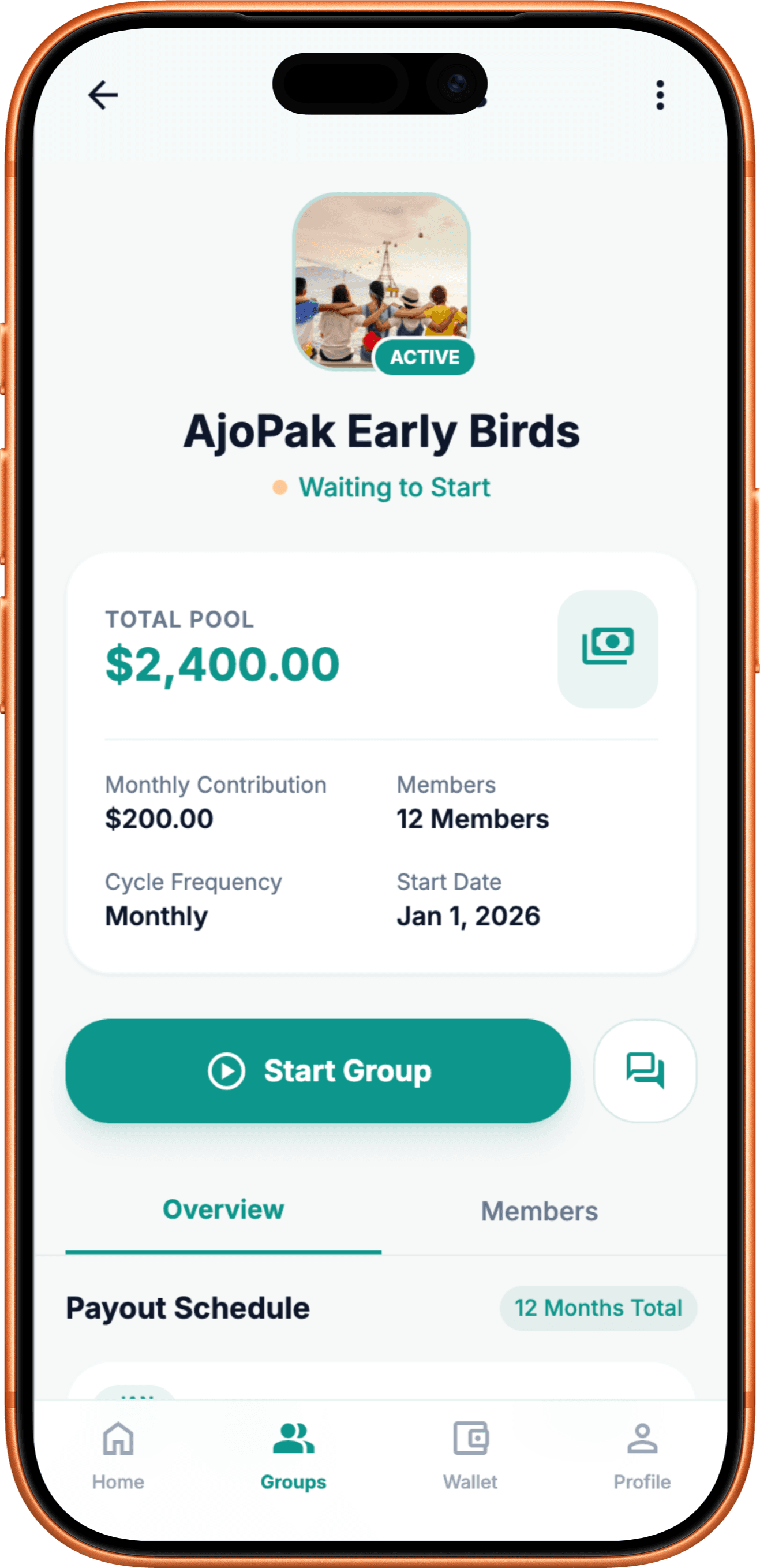 AjoPak on iPhone — group details, pool summary, and payout schedule